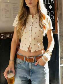 2026 Nuevo Llegada Suéter de Punto a Lunares Elegante para Mujer - Cuello Redondo Mangas Cortas con Botones Delanteros, Estilo Versátil Casual de Oficina Minimalista para Vacaciones - Multicolor 2 - Ver 3