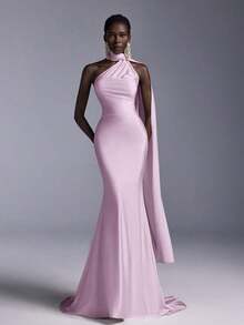 Vestido largo de sirena con espalda abierta y ajustado, de estilo minimalista, adecuado para asistir a fiestas formales, reuniones y galas formales de damas - Rosa Pálido - Ver 2