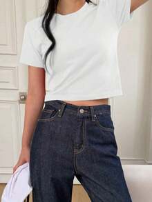 Camiseta de manga corta de unicolor para dama, ideal para verano - Blanco - Ver 3
