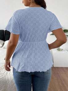 CosyJoli Camiseta de mujer de talla grande con cuello en V, parche de encaje y textura a rayas en forma de A - Azul - Ver 2