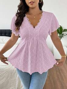 CosyJoli Camiseta de mujer de talla grande con cuello en V, parche de encaje y textura a rayas en forma de A - Rosa - Ver 9
