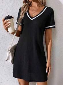 Vestido de punto de bloques de color con cuello en V, elegante y casual, con correa tejida, negro - Negro 2 - Ver 8