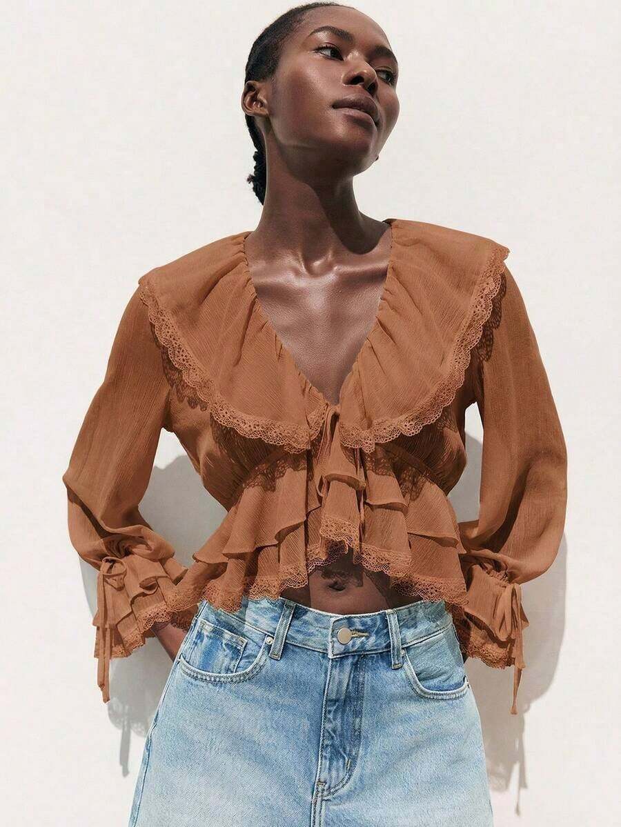 Blusa con botones y mangas con volantes con estampado floral de verano - Marrón - Ver 1