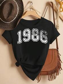 Women's Short Sleeve Cotton Crew Neck T-Shirt - 1986 Vintage Style - Fashionable Printed T-Shirt For Spring And Summer, Your Best Choice! Simple T-Shirt For Everyday Wear - 黑色 - 查看 7