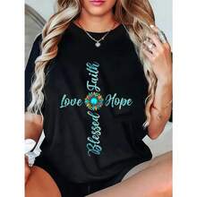 Camiseta Unisex 100% Algodón con Diseño de Jesús, Fe, Esperanza, Amor, Girasol y Leopardo para Mujeres Cristianas - Negro - Ver 8