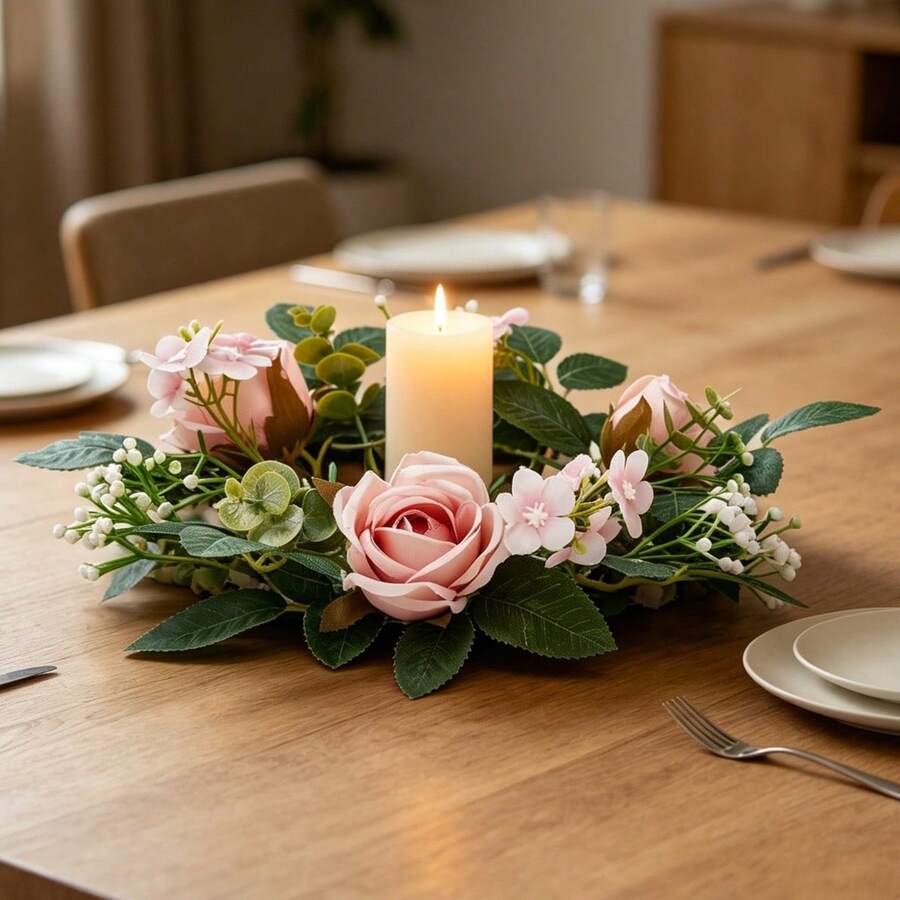 Flower Wreath Candle Rings Decorative Rose Wreath Pillar Candle Garland For Home Dining Table - Pink - View 1