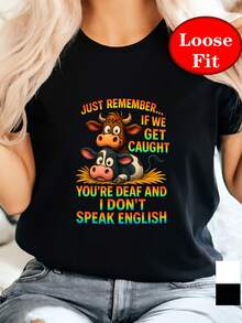Camiseta de manga corta con cuello redondo y estampado divertido de vaca, top casual de primavera/verano, ropa de mujer de talla grande. - Negro - Ver 3