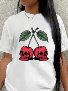 Polyester Short-Sleeved T-Shirt With A Red Skull Design. Lightweight And Durable, Suitable For Casual Wear At Restaurants Or At Home. Features A Striking Red Skull And Green Leaf Print. Comfortable And Fitted For Everyday Wear. Women's Shirts - 白色 - 查看 1