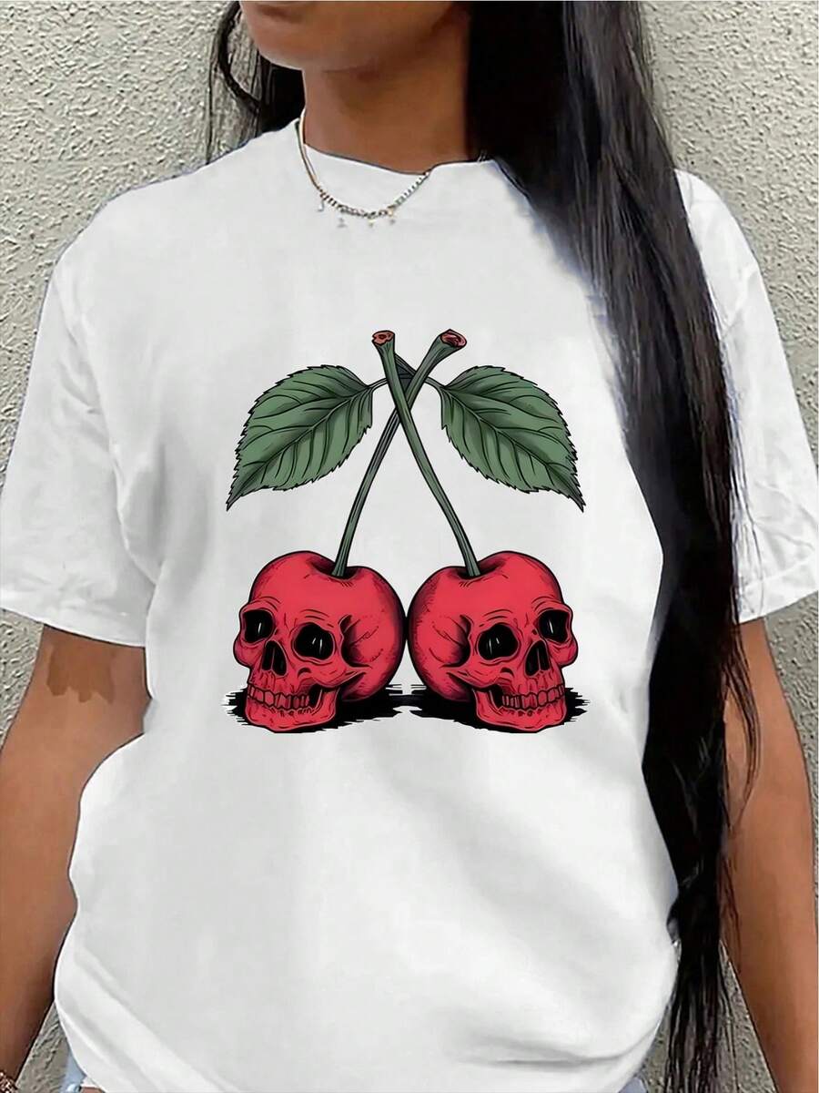 Polyester Short-Sleeved T-Shirt With A Red Skull Design. Lightweight And Durable, Suitable For Casual Wear At Restaurants Or At Home. Features A Striking Red Skull And Green Leaf Print. Comfortable And Fitted For Everyday Wear. Women's Shirts - 白色 - 查看 1