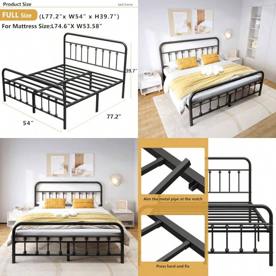 Vengarus - Marco de cama de metal de tamaño matrimonial con cabecero estructura estable soporte de listones de acero resistente almacenamiento debajo de la cama no necesita somier 14 pulgadas - Doble - Ver 1