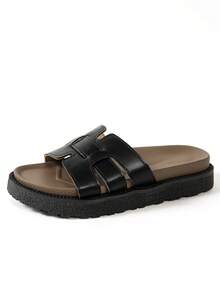 New Fashion Buckle Open Toe Platform Slippers, Comfortable Versatile Dirt-Resistant Beach Sandals Suitable For Daily Wear - Black Leather - View 6