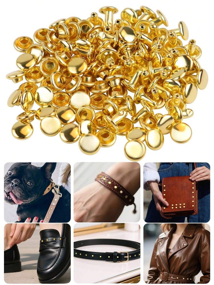 100PCS Golden Round Leather Rivet Double Cap Rivet Leather Craft Used For DIY Clothing, Hats, Clothes, Wallets, Shoes, Bags, Handbags, Belts, Dog Collars Decoration - Light Gold - View 1