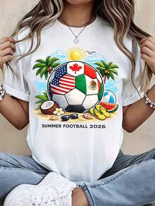 Camiseta Casual para Mujer, Verano, Fútbol 2026, Estampado de Balón de Fútbol con Banderas y Elementos de Playa Tropical, 100% Algodón, Cuello Redondo, Suave, Cómoda, Tejido Elástico para Uso Diario, Atuendo para Vacaciones de Temporada, Actividades de Ocio Diarias, 100% Algodón, Duradera - Blanco - Ver 6