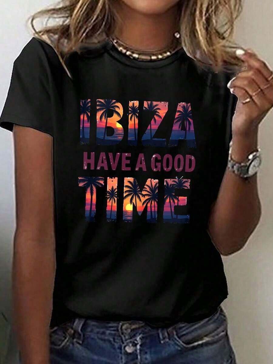 Under The RadarCamiseta de Mujer IBIZA HAVE A GOOD TIME - Manga Corta Cuello Redondo, Top de Verano con Diseño de Ibiza, Ropa Casual de Playa y Conjuntos, Blusa Lavable a Máquina para Mujeres-Vintage Street Style Unisex Loose Cotton Short Sleeve Crew Neck T-Shirt - Negro - Ver 1