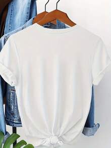 Camiseta de algodón estilo athleisure con un pequeño diseño estampado en el pecho, mangas cortas y cuello redondo, elegante, sencilla y con estilo para mujer - NC096-0323602 Absorbe la humedad, ideal para gimnasio y uso casual. - Negro - Ver 5