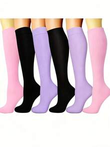 1/6 Pairs Sports Compression Socks, Elastic Long Solid Color Socks, Y2k, Cozy - Multicolor - View 28