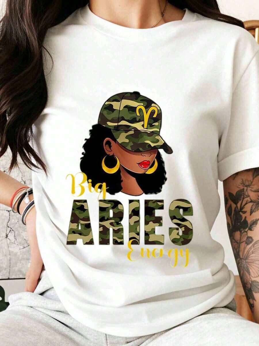 Camiseta Gráfica para Mujer con Estampado de Camuflaje Energía Aries, Camiseta de Moda con Signo del Zodíaco para Mujer, Ropa Casual, Idea de Regalo para Celebración de Cumpleaños de Aries, Camiseta de Mujer - Blanco - Ver 1