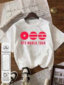Women's World Tour K-Pop Printed T-Shirt, Short Sleeve Drop Shoulder T-Shirt, Casual Summer Graphic Tee, Women's T-Shirts, Funny Graphic Tees, Casual Daily Wear. - 白色 - 查看 2