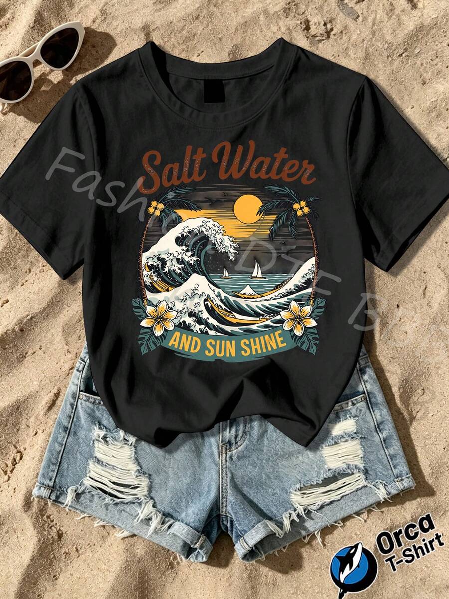 Una camiseta de mujer de manga corta, holgada, moderna, a la moda, retro y elegante, adecuada para actividades al aire libre en primavera y verano, con un estampado costero de sal marina y sol.Camiseta casual de mujer, estilo Y2k para playa, top de manga corta de verano, informal y holgado con cuello redondo, ideal para primavera y verano.blusas para mujer,blusas casuales para dama,tops,, mujer premium,y2k,playeras de mujer curvy,ofertas y liquidaciones ropa mujer,playeras deportivas para mujer,,playeras de hombre, mujer,blusas>elegante ONKQ - Negro - Ver 1