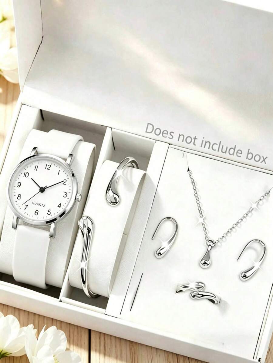 Conjunto de Reloj y Joyas Estilo Gota de Agua Minimalista, Combinación Versátil de 5 Piezas para Uso Diario y Desplazamientos - Multicolor - Ver 1