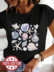 Camiseta 100% estampada con diseño de conchas y estrellas de mar, de manga corta y cuello redondo, estilo casual, adecuada para verano y primavera, ropa de mujer. 180g 100% algodón. - Blanco - Ver 7