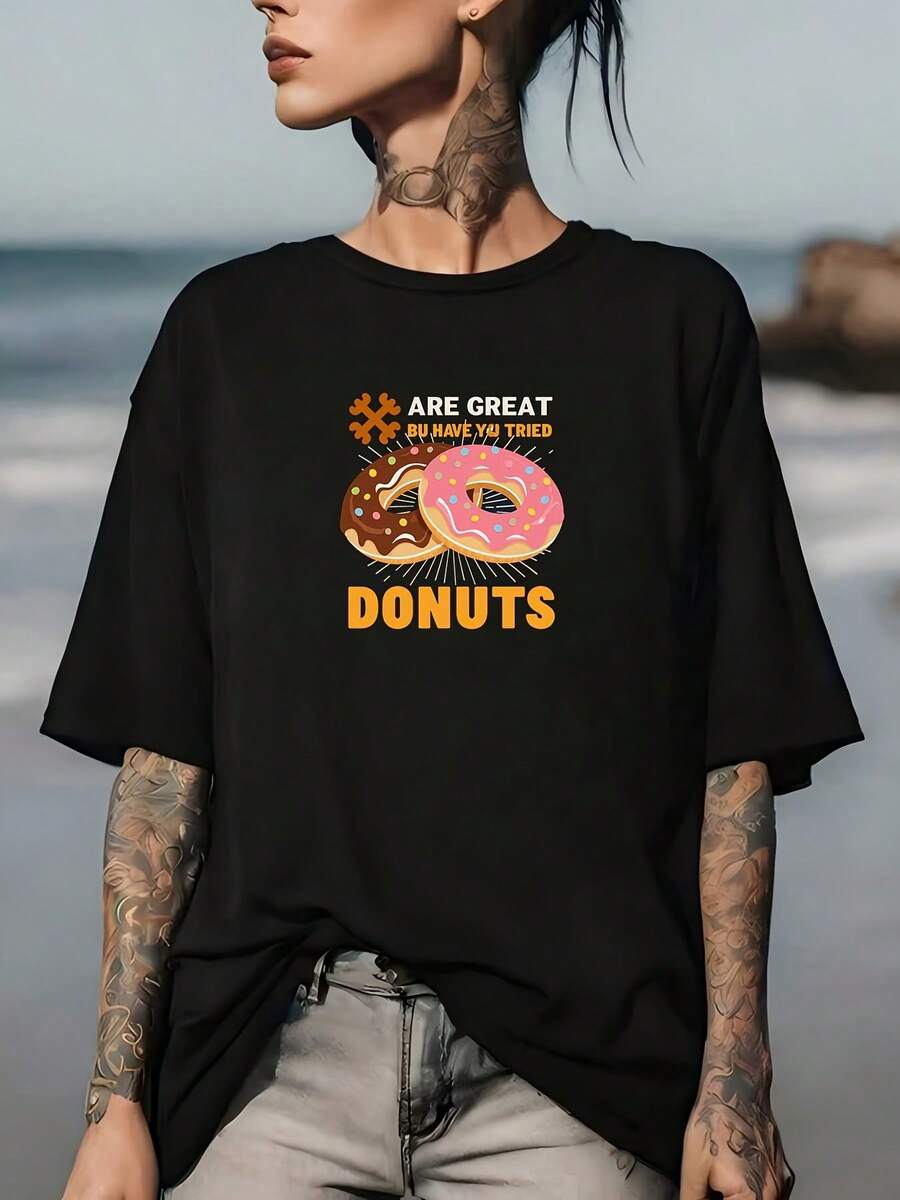Camiseta con Frase de Donuts Divertidos de 180g para Vacaciones Familiares y Salidas de Empresa, Camiseta Suave de Cuello Redondo, Excelente Idea de Regalo para el Día de San Valentín - Negro - Ver 1
