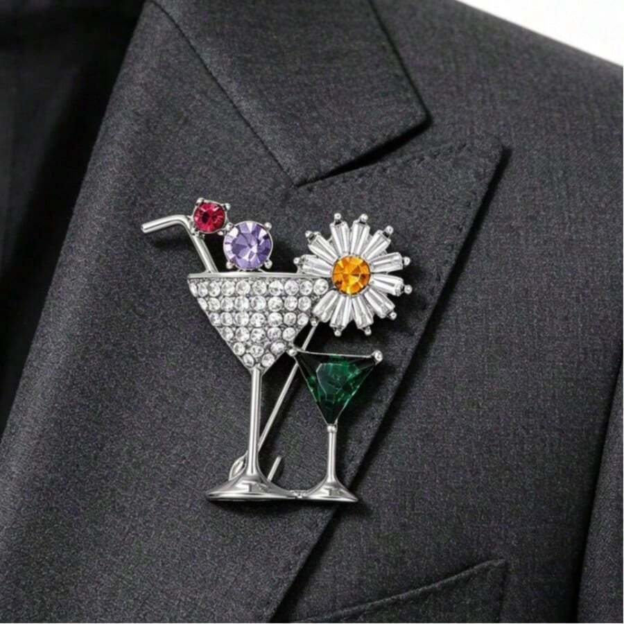 1pc Cocktail Glass Brooch, Fashion Creative Ladies Brooch, Clothing Accessory Pinback Brooch - Wine Glass Brooch - View 1