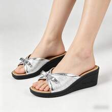 Women's Silver Bow Wedge Slide Sandals, Open Toe Slip-On Platform Wedge Slippers, Comfortable Non-Slip Summer Casual Shoes - Silver - View 14
