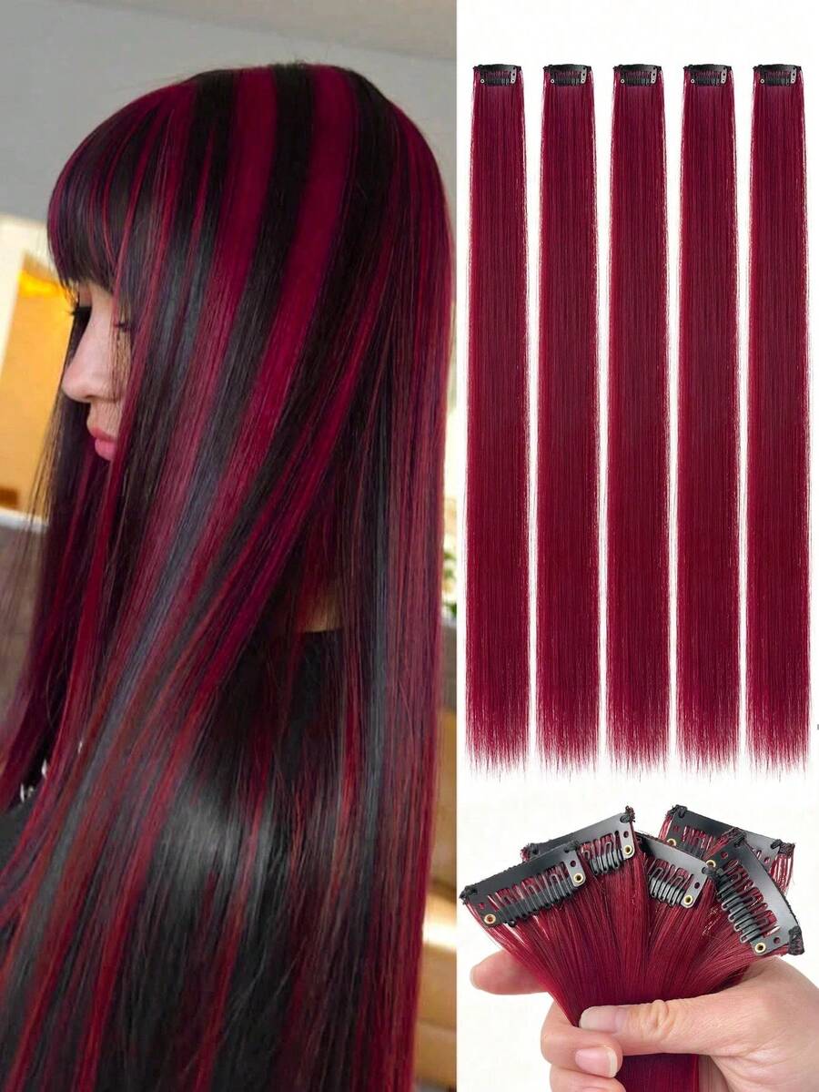 5/1 pieza Pinzas para el cabello color burdeos, extensiones de cabello para mujeres, pelucas de fibra sintética adecuadas para varios peinados sin teñir en salón, adecuadas para ocasiones diarias y de fiesta