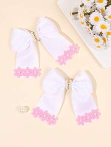 2pcs/Set White Bow Hair Clips For Girls, Cute Blue Flower Decor Bow Hair Clips, Exquisite Pearl Rhinestone Flower Decor Alligator Clips, Ribbon Hair Clips Party Hair Accessories Wedding Headwear For Girls And Teens - Multicolor - View 2