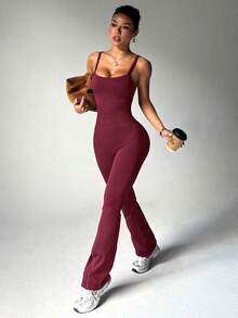 Burgundy Seamless Flare Leg Jumpsuit For Women, Tank Top Style With Adjustable Shoulder Straps, High Waist, Butt-Lifting, Tight-Fitting Jumpsuit - Burgundy - View 3