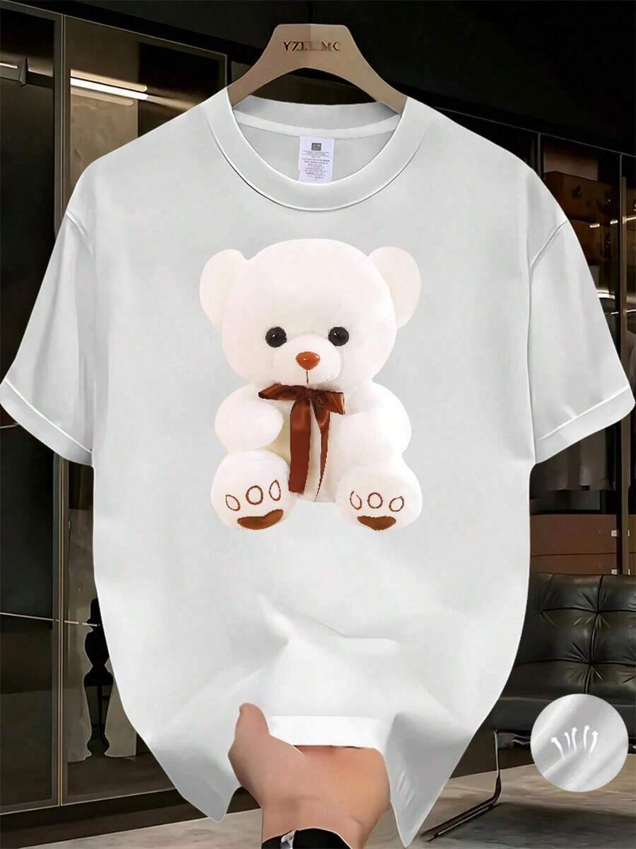 New Casual Summer T-Shirt With White Teddy Bear Print For Men And Women - Short Sleeve, Round Neck, Casual Summer Style, With Pink Bow And Brown Ears, Soft And Suitable Size S, Unisex Casual Set, 1 Piece - Unisex Urban Style Vintage T-Shirt, Cotton, Short Sleeve And Round Neck. - 白色 - 查看 1