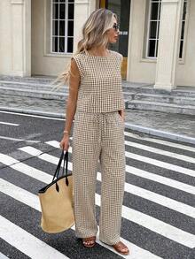 Conjunto de 2 piezas de chaleco y pantalones a cuadros casuales de vacaciones para mujer - Multicolor - Ver 6