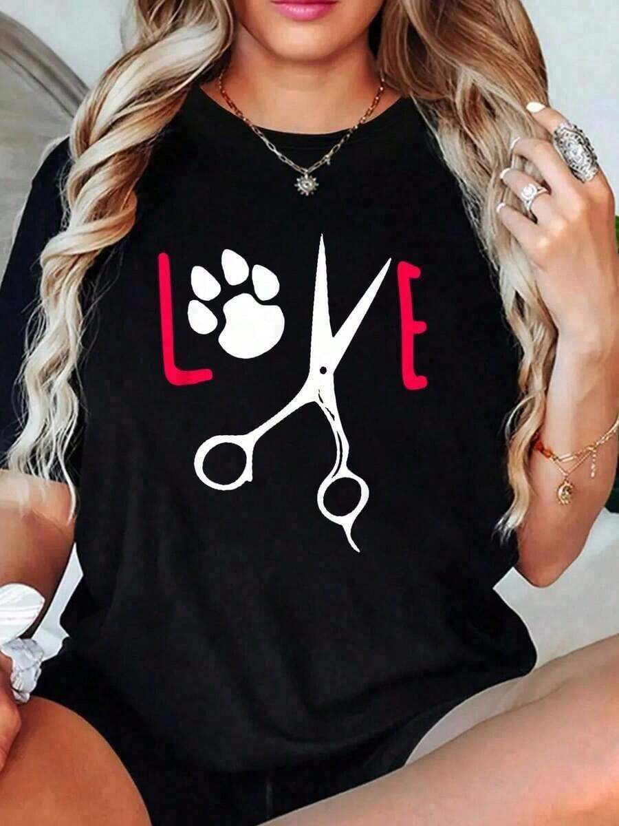 1 Piece 100% Cotton T-Shirt For Dog Groomers, Cute Christmas Gift For Men, Women, Girls And Boys, 180g 100% Cotton - 黑色 - 查看 1