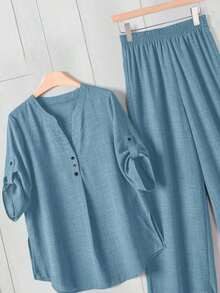 Conjunto informal de top con cuello en pico y pantalones de unicolor - Azul - Ver 6