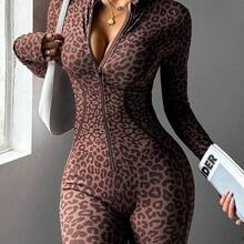 Dewbera 1pc Women's Seamless Sexy Leopard Print Mock Neck Front Zipper Thumb Hole High Waist Contour Sports Running Fitness Gymnastics Dance Long Sleeve Flared Jumpsuit - Multicolor - Ver 5