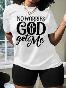 Plus Size Women's Winter Clothing, 1 Piece, For Leisure Time. Please Don't Worry, God Bless Me. T-Shirt, Short Sleeve, Round Neck, Fashionable Casual Top, Elegant Party Outfit, Valentine's Day Outfit, Valentine's Day Gift, Spring Clothing, Soft Material, Printed Shirt. Printed, Simple, Versatile, Loose Fit, Fitted Top With Round Neck. - 白色 - 查看 12