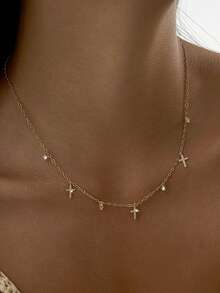 Nooxian 1pc Women's Necklace, Layered Delicate Copper Inlaid Zirconia Cross Mini Zirconia Pendant Tassel Choker Necklace, Daily Wear & Party Accessory Gift - Yellow Gold - View 2