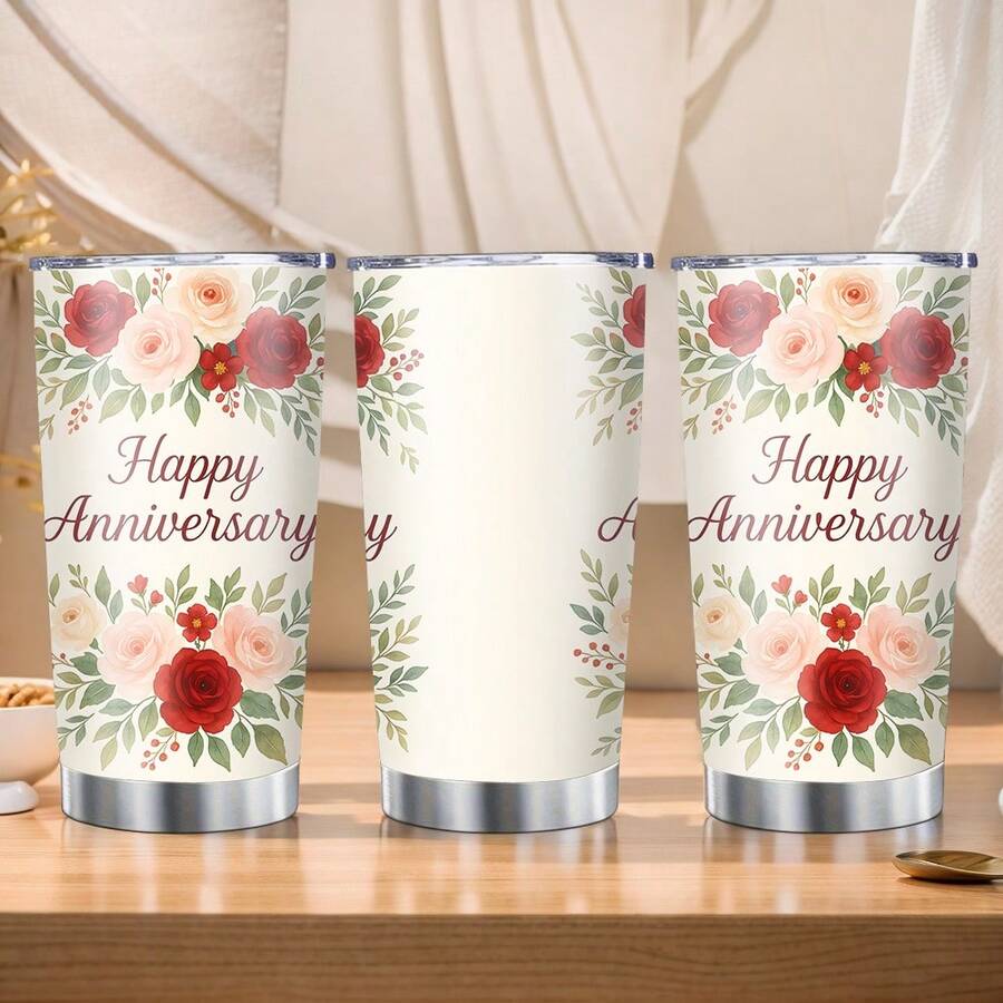 1/5件 20盎司不鏽鋼保溫水壺，防漏蓋，Happy Anniversary玫瑰花卉印花，適合車用杯架，理想的週年禮物、情侶紀念品、週年賀禮 - 週年紀念日 - 查看 1