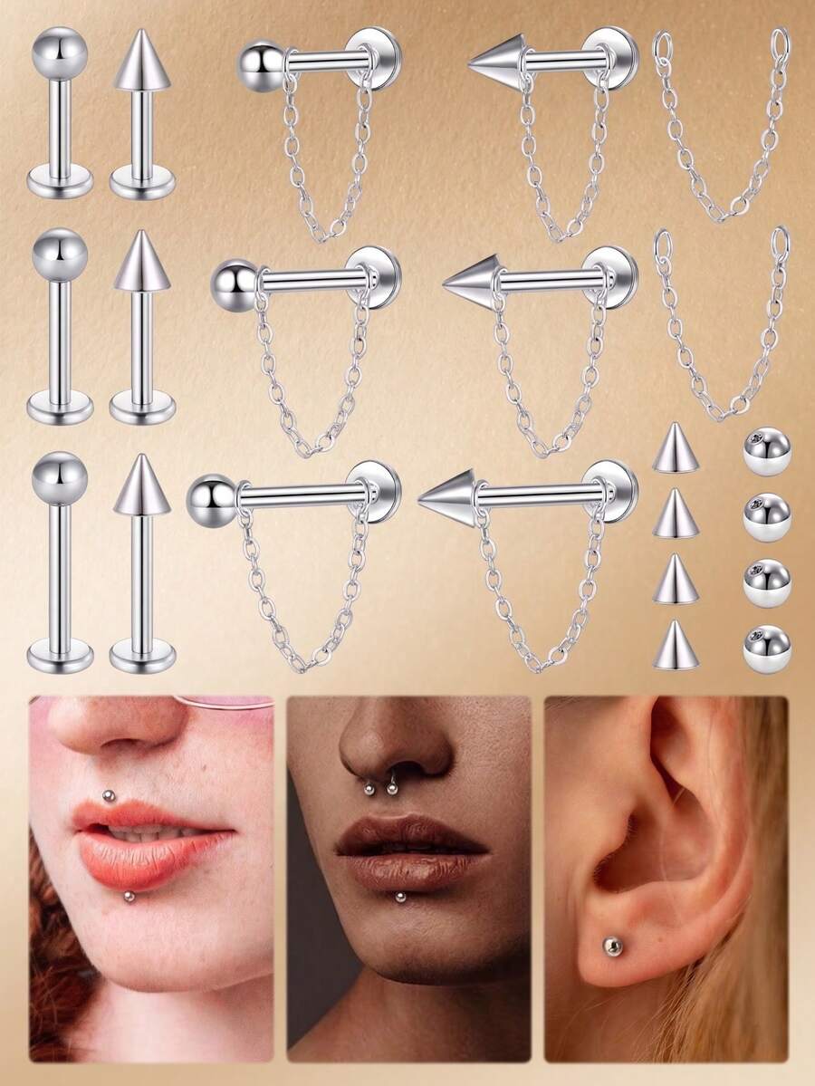 CIZME Khuyên môi bằng thép không gỉ 16G, khuyên sụn tai, khuyên vách ngăn mũi, khuyên môi có thể thay thế, trang sức xỏ khuyên cơ thể unisex, khuyên môi dạng dây xích 6/8/10mm, bi thay thế cho khuyên tai. - Bạc - Xem 1
