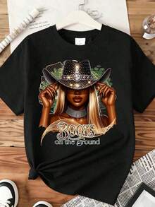 Women's Clothing Short Sleeve T-Shirt For Women With Girl Print Wearing Cowboy Hat And Boots On The Ground, Country Western Style, Casual Wear For Summer And Autumn, Everyday Outfits, Women's Shirts - 黑色 - 查看 3