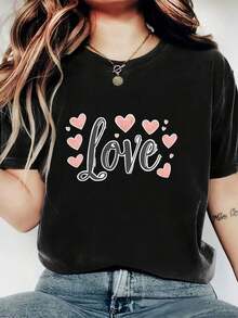 Women's Fashionable Printed Round Neck T-Shirt - Casual Short Sleeve Round Neck Blouse - Lightweight And Breathable For All Seasons, Polyester, 1 Piece, 180g. This Round Neck Printed Short Sleeve Casual Everyday T-Shirt Makes An Excellent Gift For Friends And Family. Made Of 100% Cotton, It Features A Youthful And Fashionable Design. - 黑色 - 查看 1