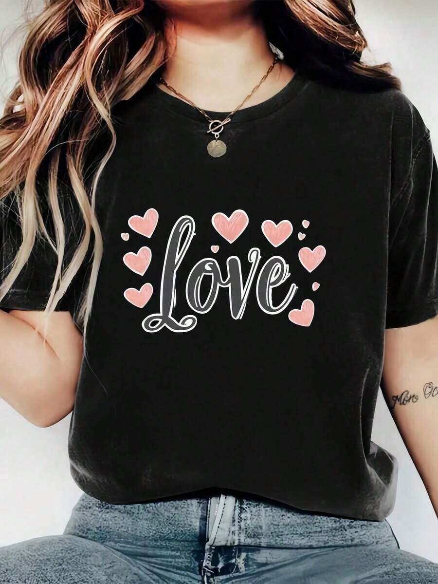 Women's Fashionable Printed Round Neck T-Shirt - Casual Short Sleeve Round Neck Blouse - Lightweight And Breathable For All Seasons, Polyester, 1 Piece, 180g. This Round Neck Printed Short Sleeve Casual Everyday T-Shirt Makes An Excellent Gift For Friends And Family. Made Of 100% Cotton, It Features A Youthful And Fashionable Design. - 黑色 - 查看 1
