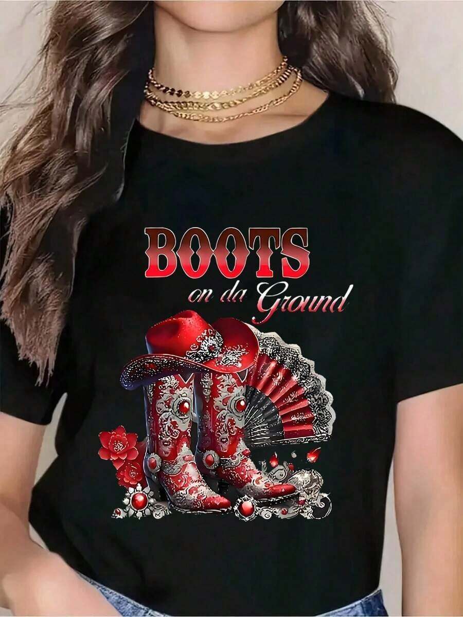 Premium Boots On The Ground Women's Western Cowboy Boots Graphic T-Shirt - Red Floral Design, Country Music Festival, Cowgirl Style, Holiday Gift, Casual Wear, Gift Idea - 黑色 - 查看 1