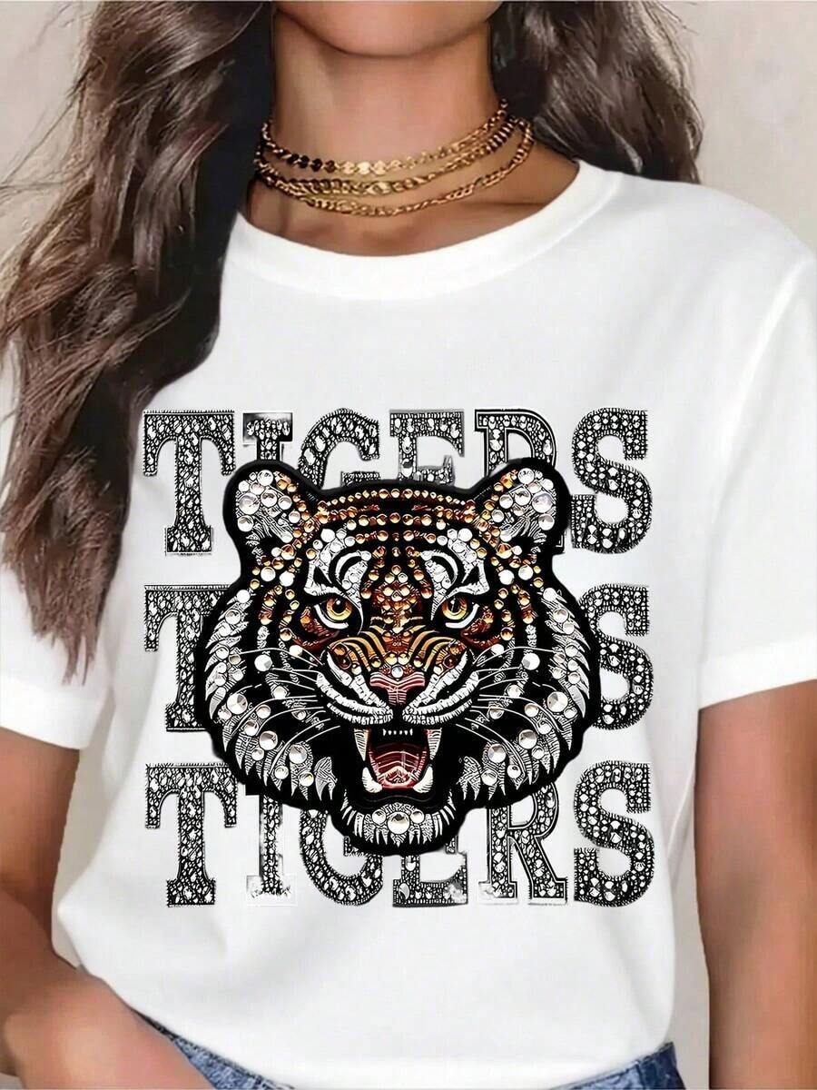 Women's PremiumTigers Tiger Head Graphic T-Shirt - Bold Animal Print Design With Rhinestone Details, Perfect For Sports Fans, Team Spirit, Casual Wear, And Sporting Events. Great Gift Idea. - 白色 - 查看 1
