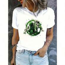 New Women's Short-Sleeved Summer T-Shirt With Astronaut And Dragon Print Design - A Casual And Comfortable Women's T-Shirt With Green And Black Prints, Suitable For All Seasons. | Space-Themed T-Shirt | Comfortable Fit - Unisex Short-Sleeved Crew Neck T-Shirt Made Of Pure Cotton, With A Retro Urban Style And Relaxed Fit - 白色 - 查看 1