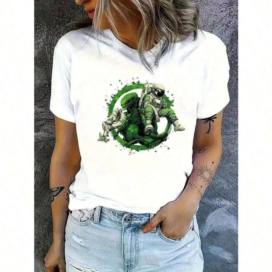 New Women's Short-Sleeved Summer T-Shirt With Astronaut And Dragon Print Design - A Casual And Comfortable Women's T-Shirt With Green And Black Prints, Suitable For All Seasons. | Space-Themed T-Shirt | Comfortable Fit - Unisex Short-Sleeved Crew Neck T-Shirt Made Of Pure Cotton, With A Retro Urban Style And Relaxed Fit - 白色 - 查看 1