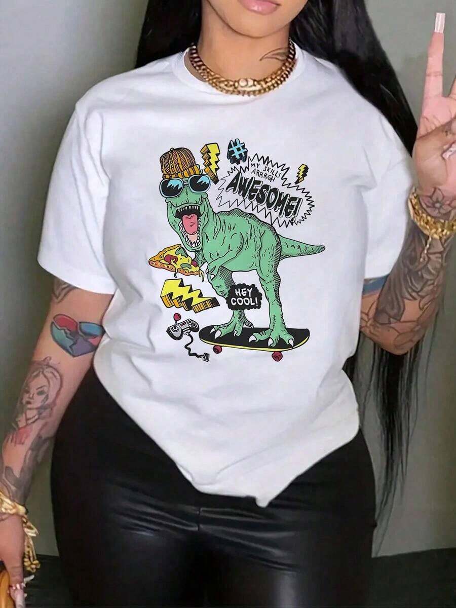 Women's Cool Dino Skateboard Pizza Cotton T-Shirt, Graphic Tee, Printed Tee, Ultra-Soft Pure Cotton Top, Casual Everyday Wear, Perfect Gift For Her And Dinosaur Lovers. Basic Women's Blouses - 白色 - 查看 1