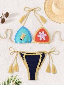 Áo bikini móc len hở lưng dành cho nữ, chất liệu vải dệt kim không tay, đồ bơi gợi cảm, họa tiết độc đáo, thích hợp cho kỳ nghỉ. - Nhiều màu - Xem 2