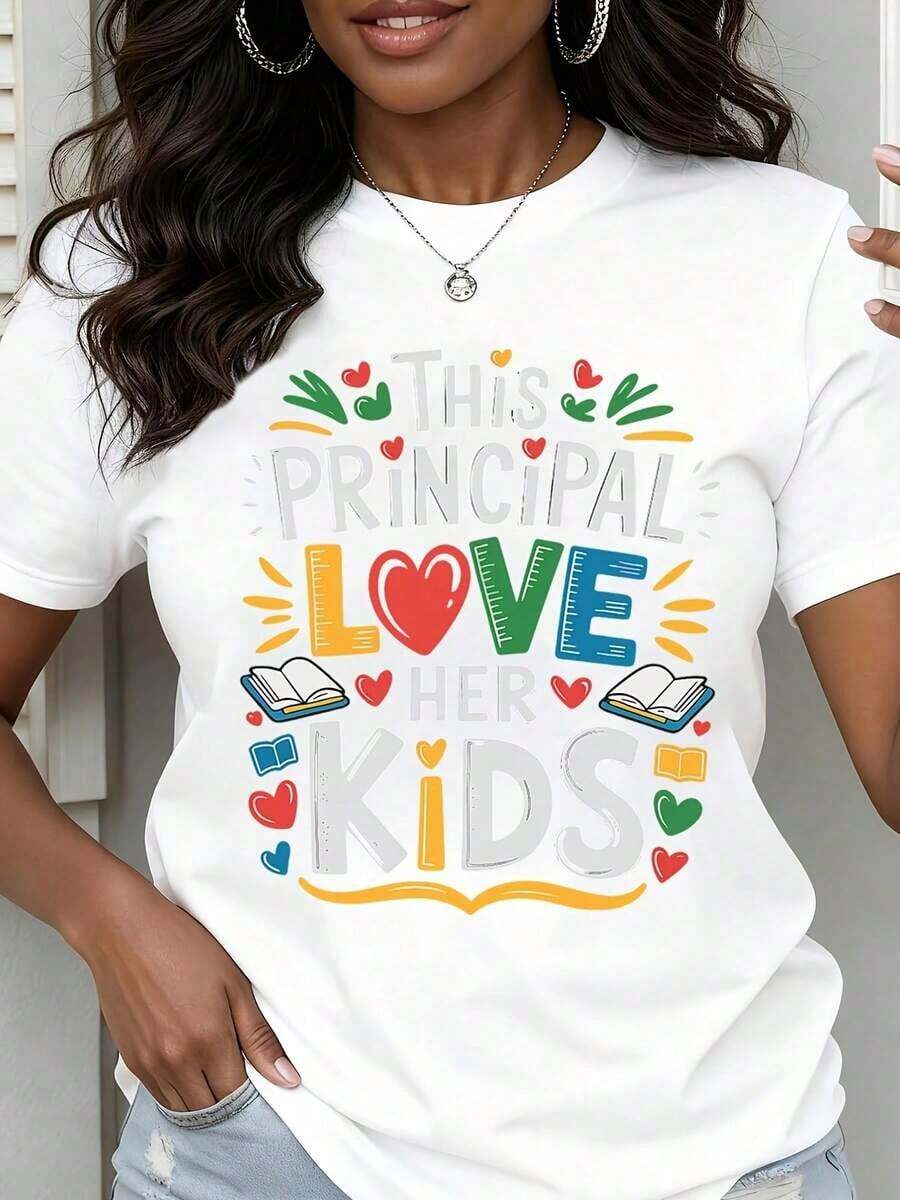 Mexican Women's Round Neck T-Shirt With 'This Principal Loves Her Kids' Print, Short Sleeve, Gift For Teachers, Casual Wear, Cotton T-Shirt Summer Fashion - 白色 - 查看 1